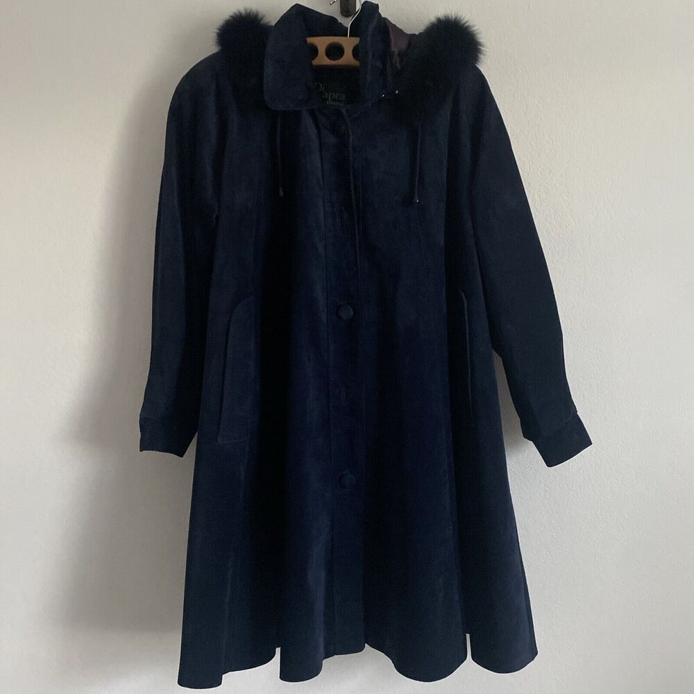 Di Capra International Coat Vtg Navy Blue Suede Swing Jacket Fur Trimmed Hood S